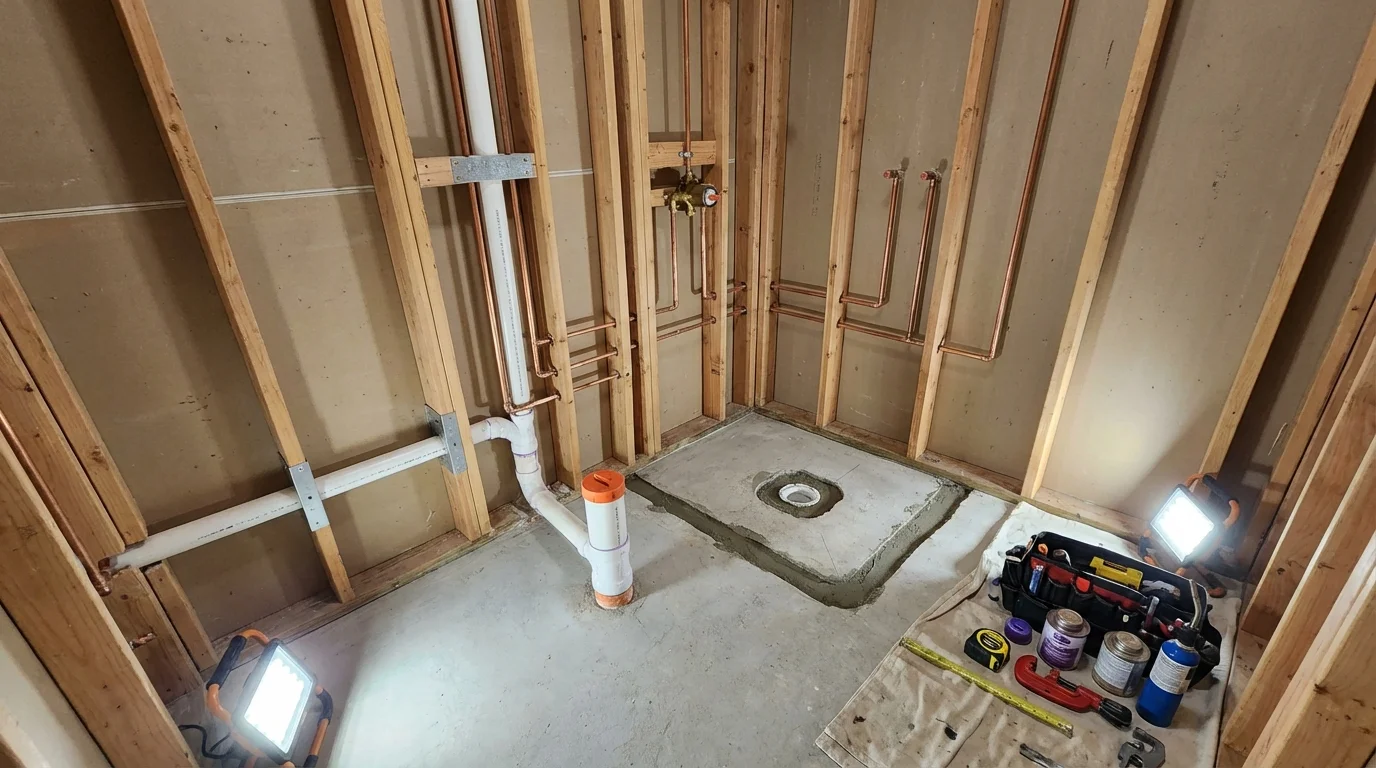 Bathroom rough-in plumbing during remodel by Johns Plumbing LLC in Cleveland