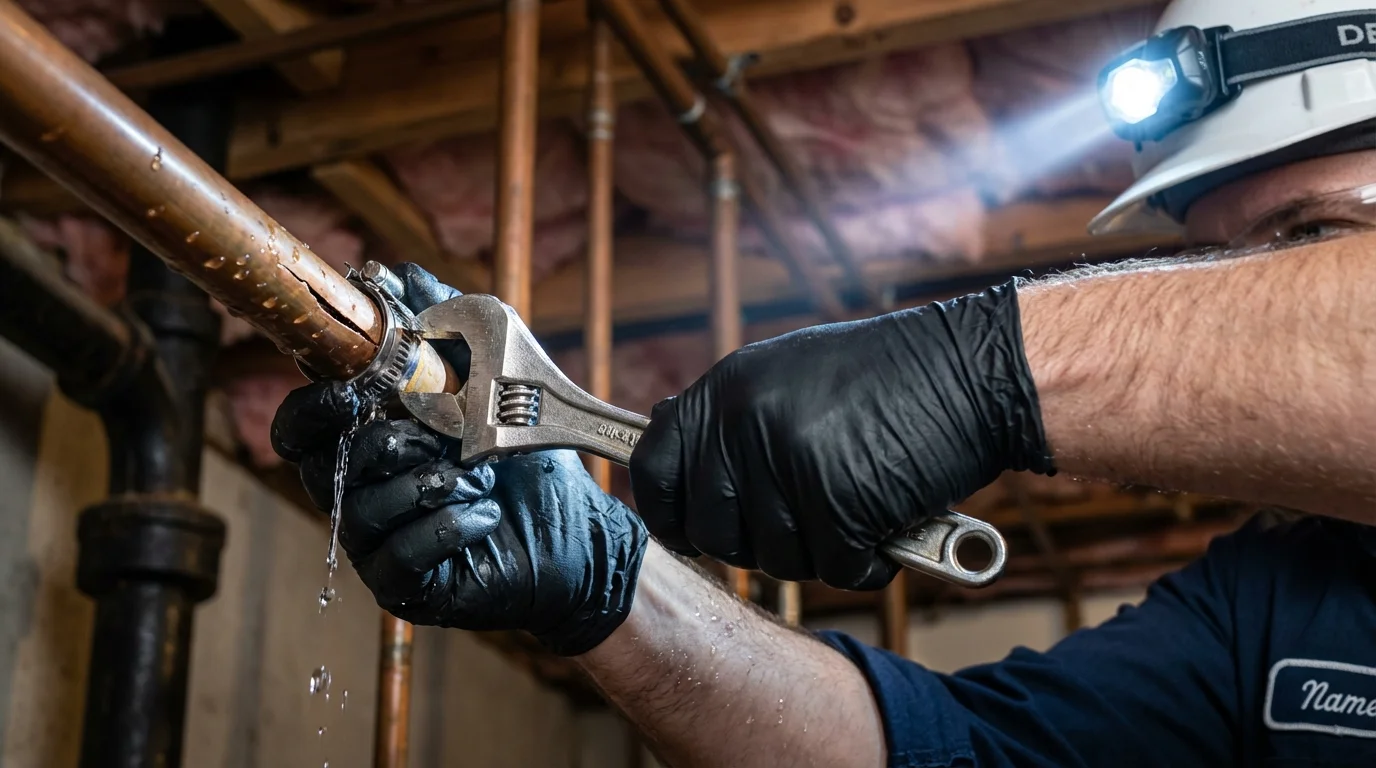Emergency pipe clamp repair being performed by a Johns Plumbing LLC plumber in Cleveland