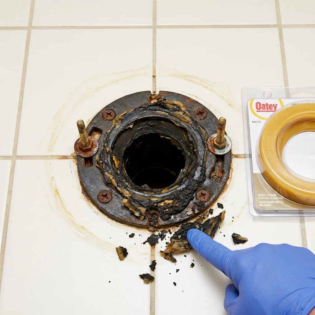 Failed wax ring showing water seepage at the base of a toilet in a Cleveland, MS home