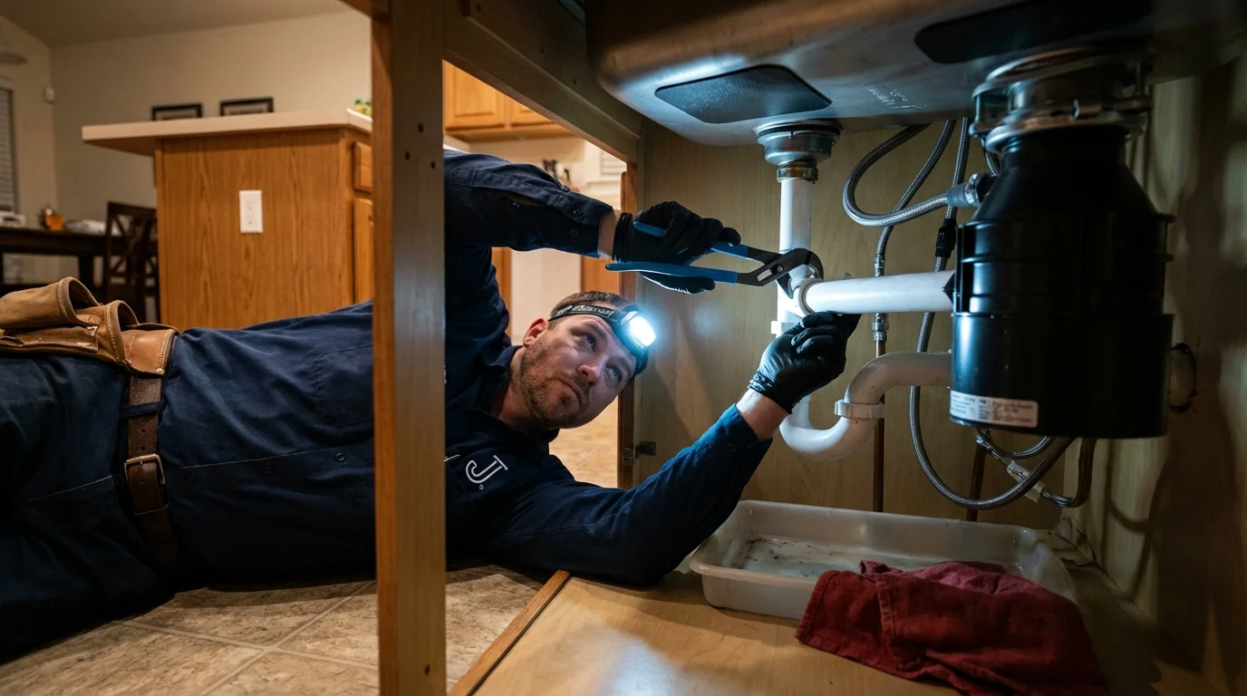 P-trap and supply line connections under a kitchen sink showing a common leak point in Cleveland, MS
